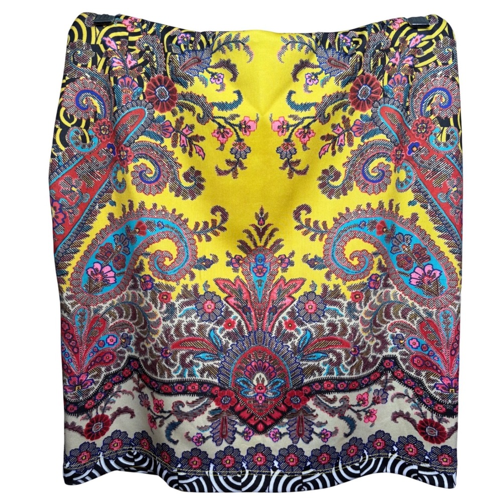 BEBE Yellow Paisley Mini Skirt Sz M Deja Vu Print Stretch Bodycon Boho-Chic Y2K